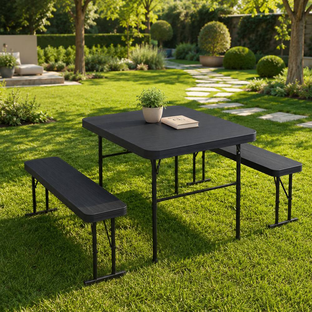 Mesa plastica plegable con bancos 88.5x41cm negro 3 pzas