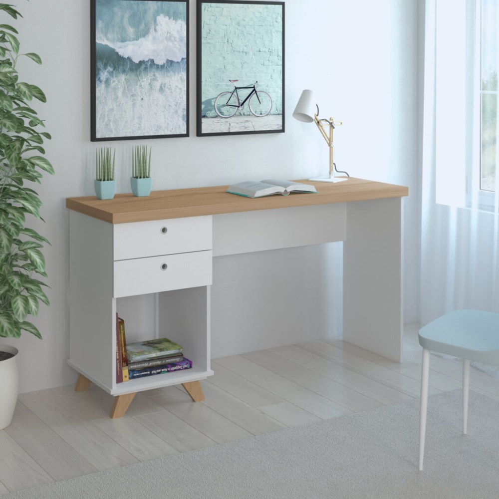 Escritorio de madera 2 gavetas blanco-cafe sky