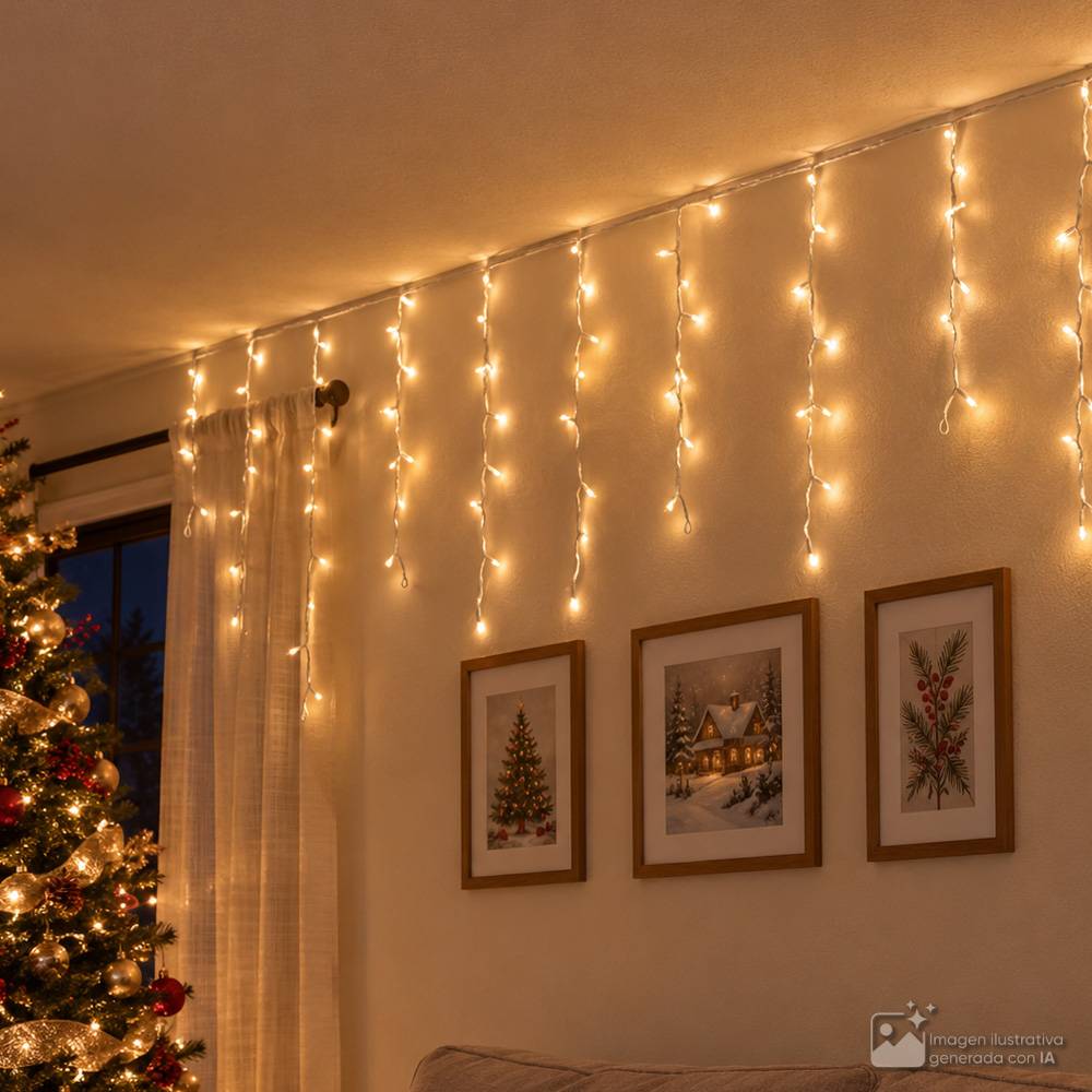 Guia navideña led cascada 256l luz cálida cable blanco