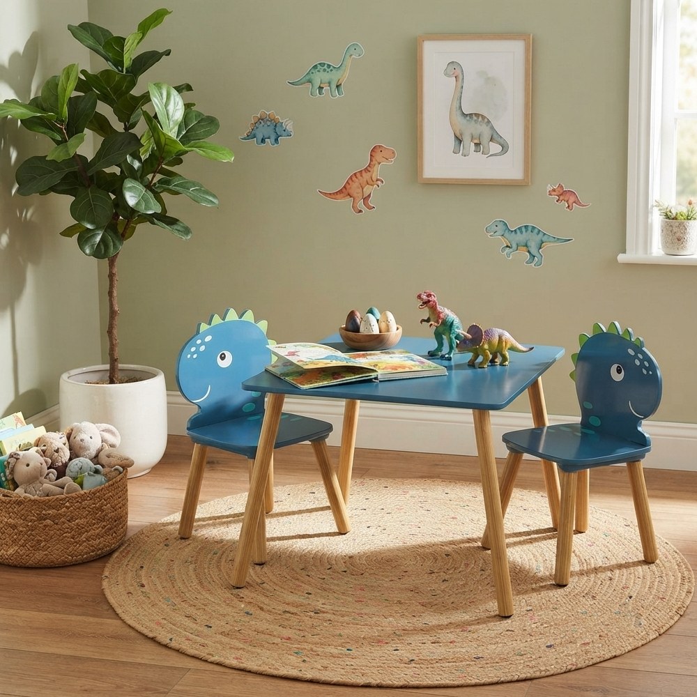 Mesa infantil de madera 55x43x55 cm dinosaurios azul-beige 3 piezas