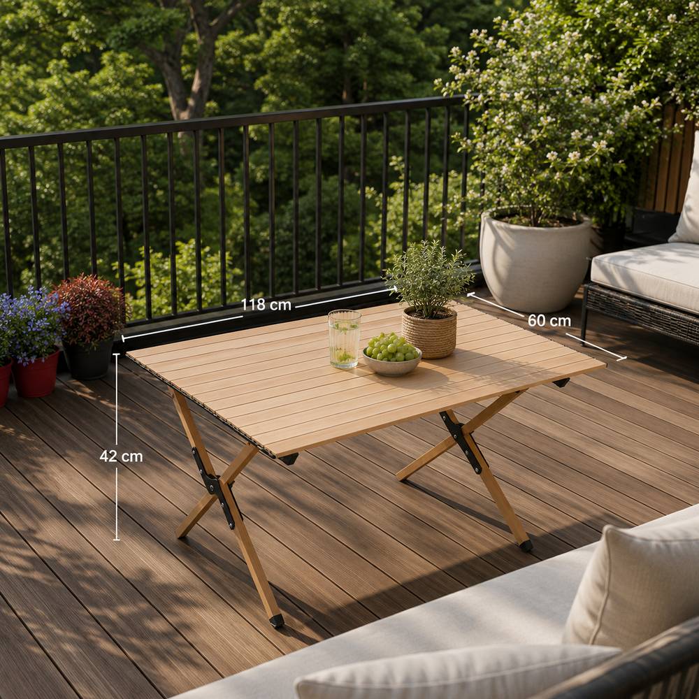 Mesa plegable rectangular de hierro 118x60x42 cm café