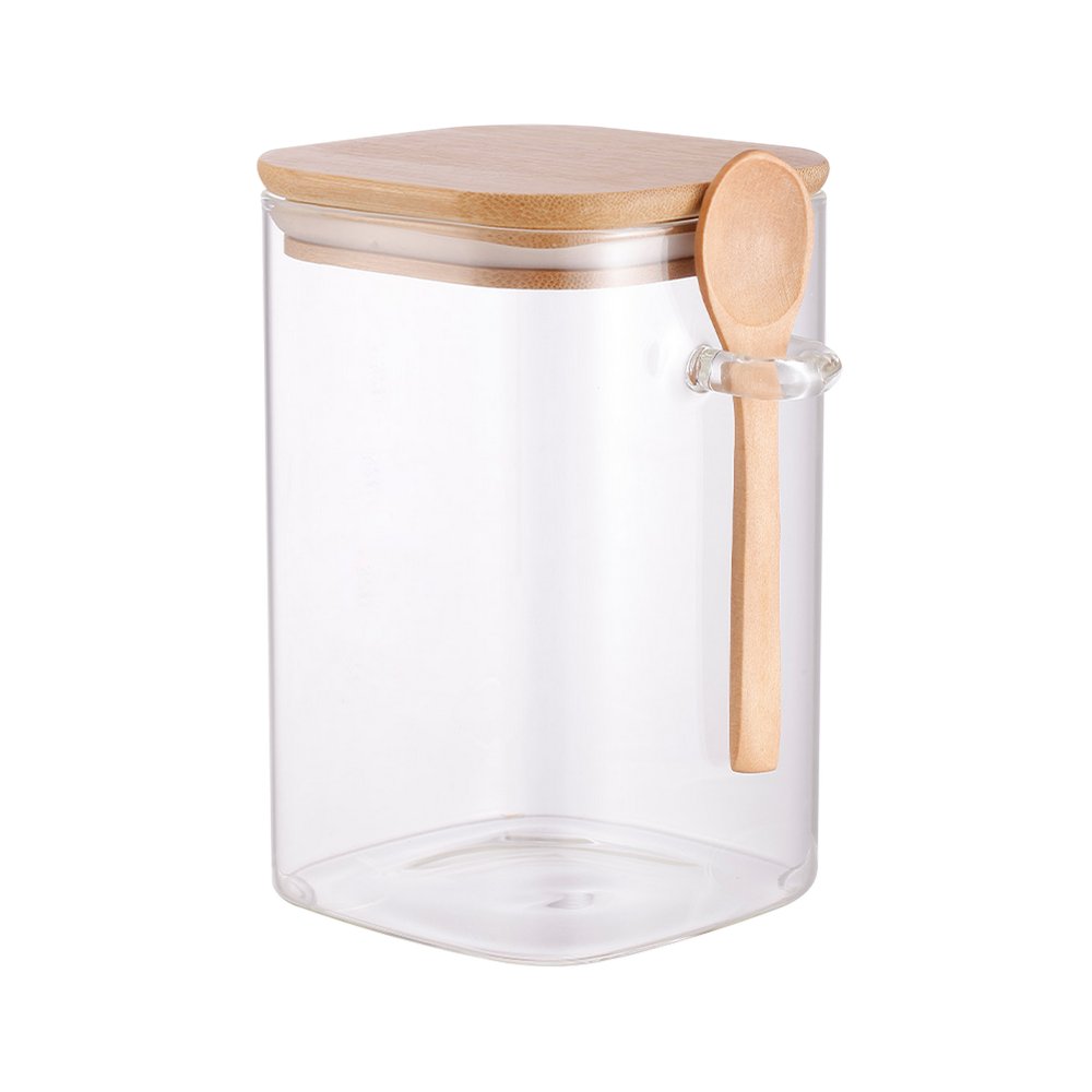 Depósito de vidrio con tapa de bambú y cuchara 14.8 cm