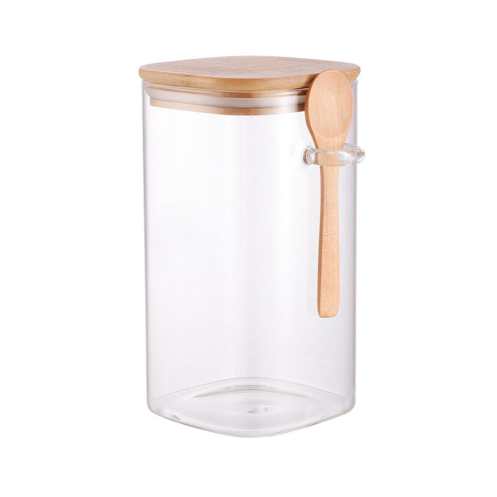 Depósito de vidrio con tapa de bambú y cuchara 17.9 cm