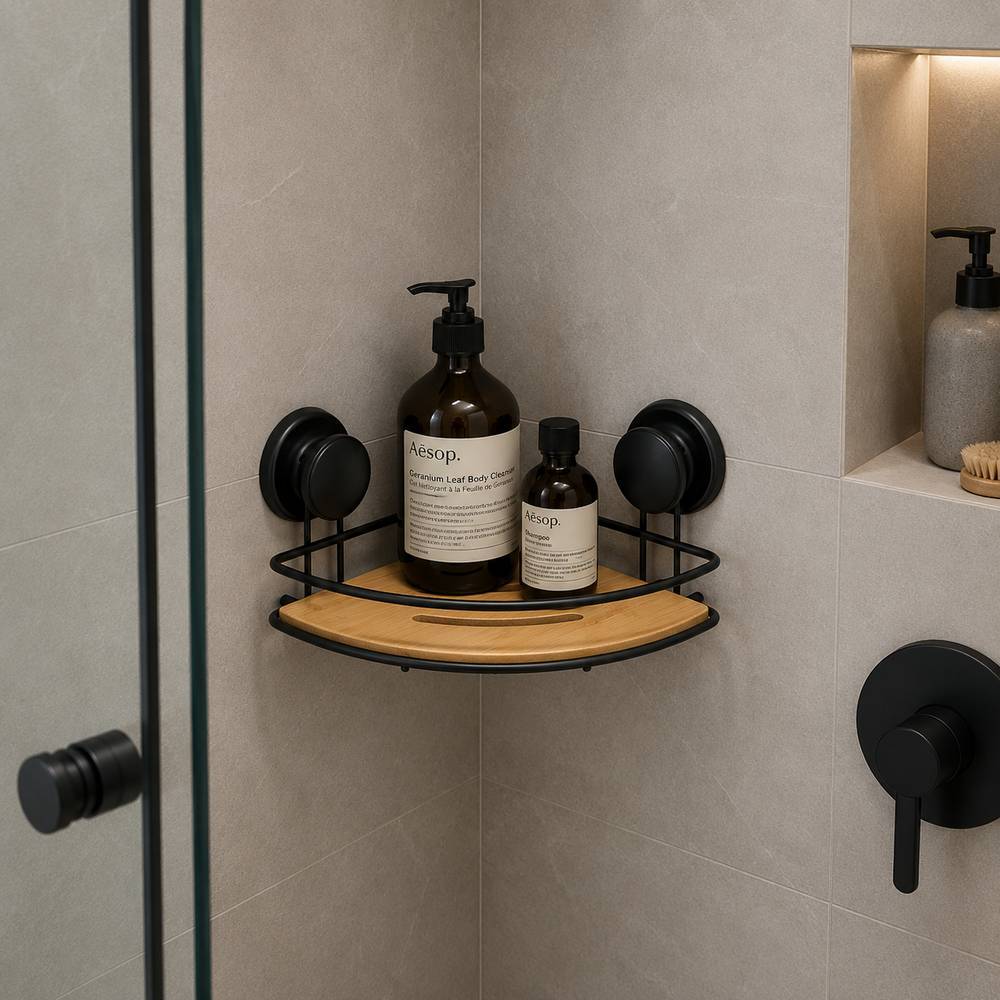 Organizador para ducha metalico-bambú 1 cesto esquinero negro