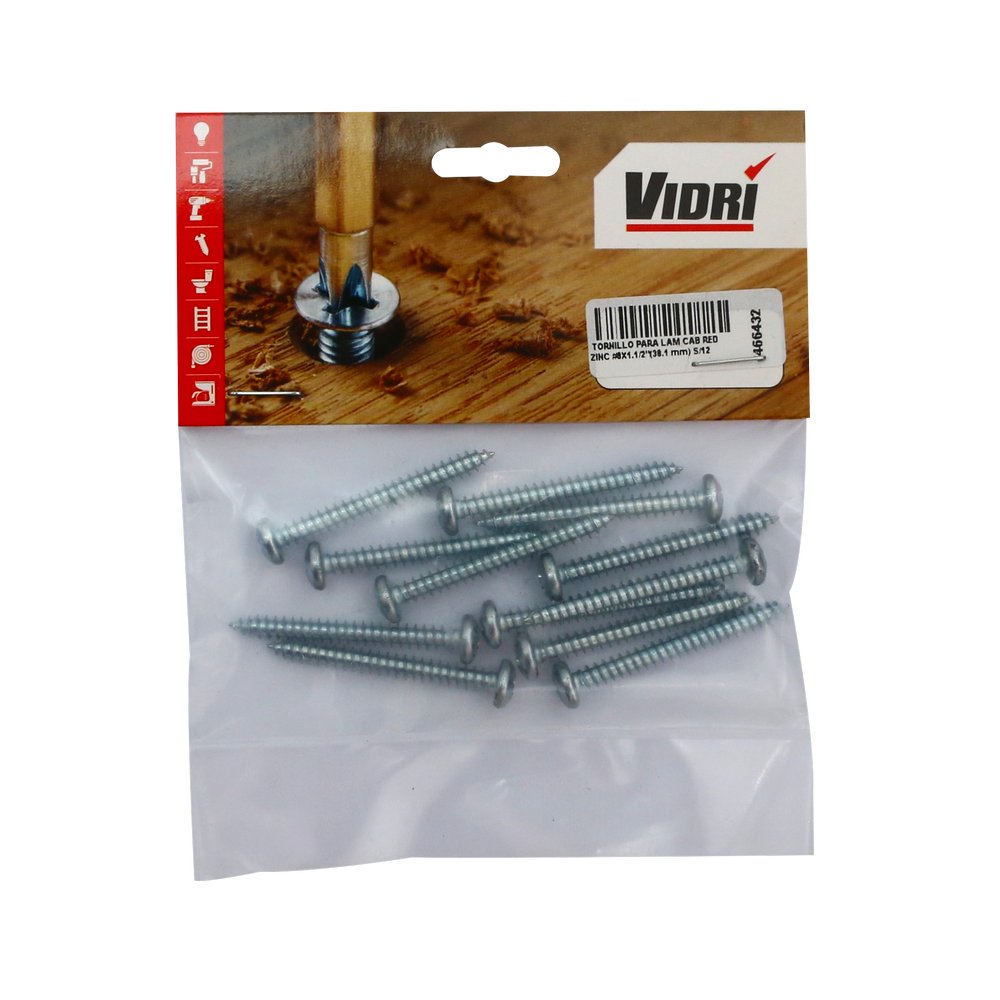 Tornillo para lamina cabeza redonda zincado #8x1.1/2 pulg(38.1 mm) s/12