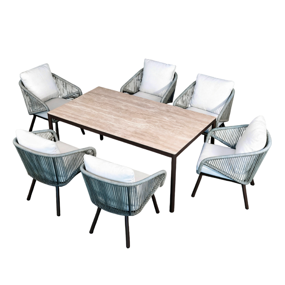 Comedor para exterior de aluminio color café / verde - 7 piezas