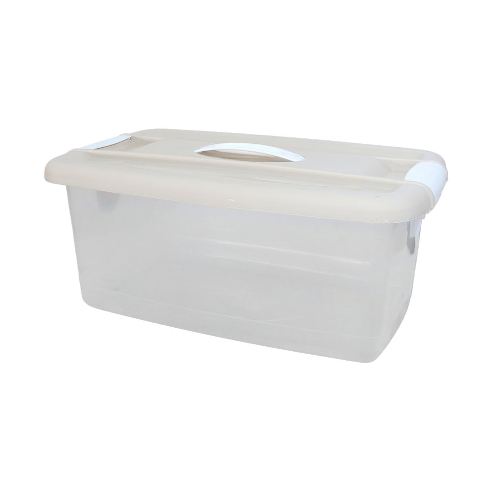 Caja organizadora de plastico 16 l click con tapa y agarrador capuccino