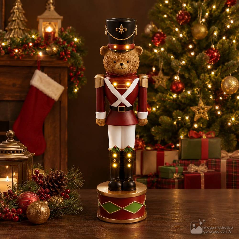 Adorno navideño soldado oso madera con luz 43.18cm