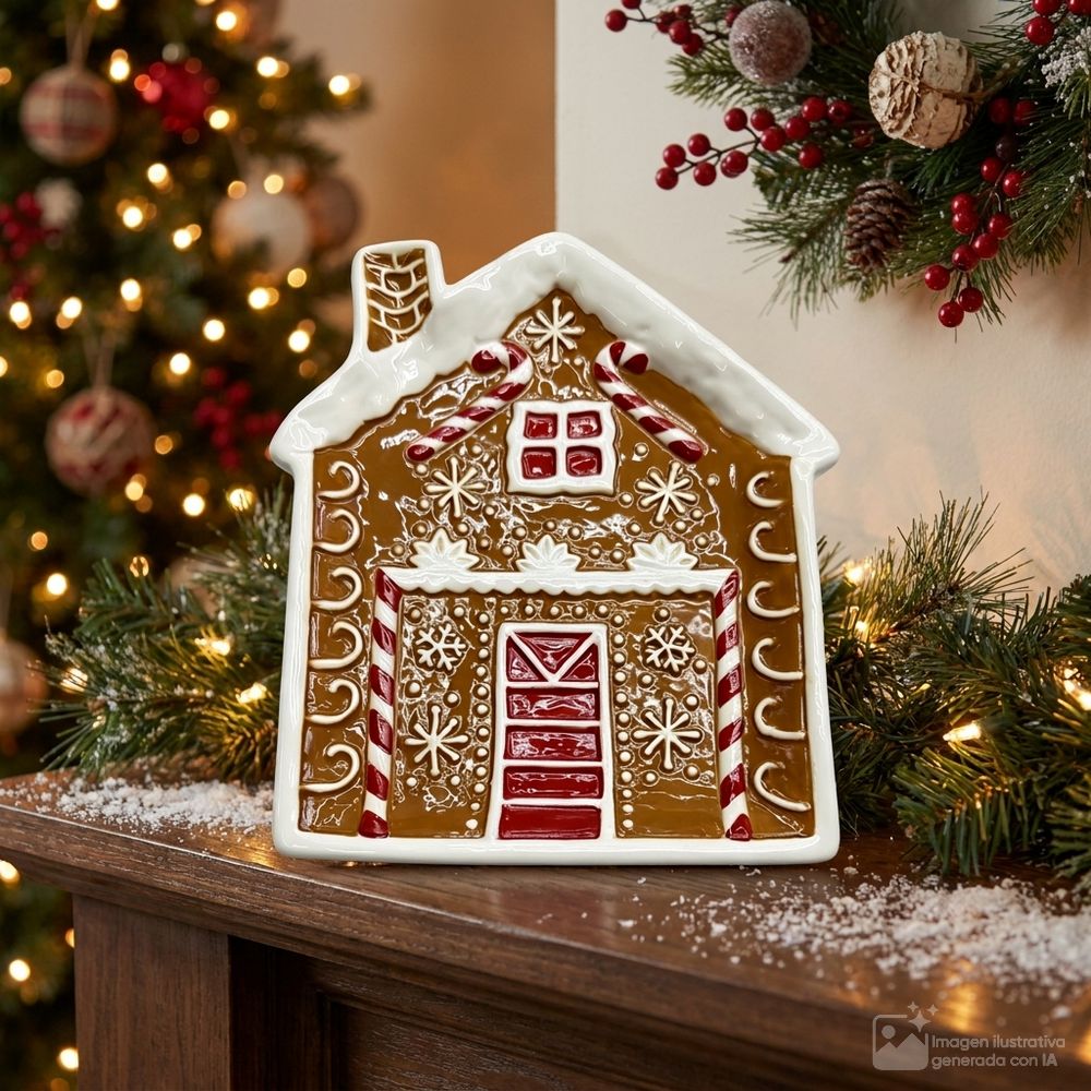 Plato navideño de casita-ceramica 24x18x2.5cm café