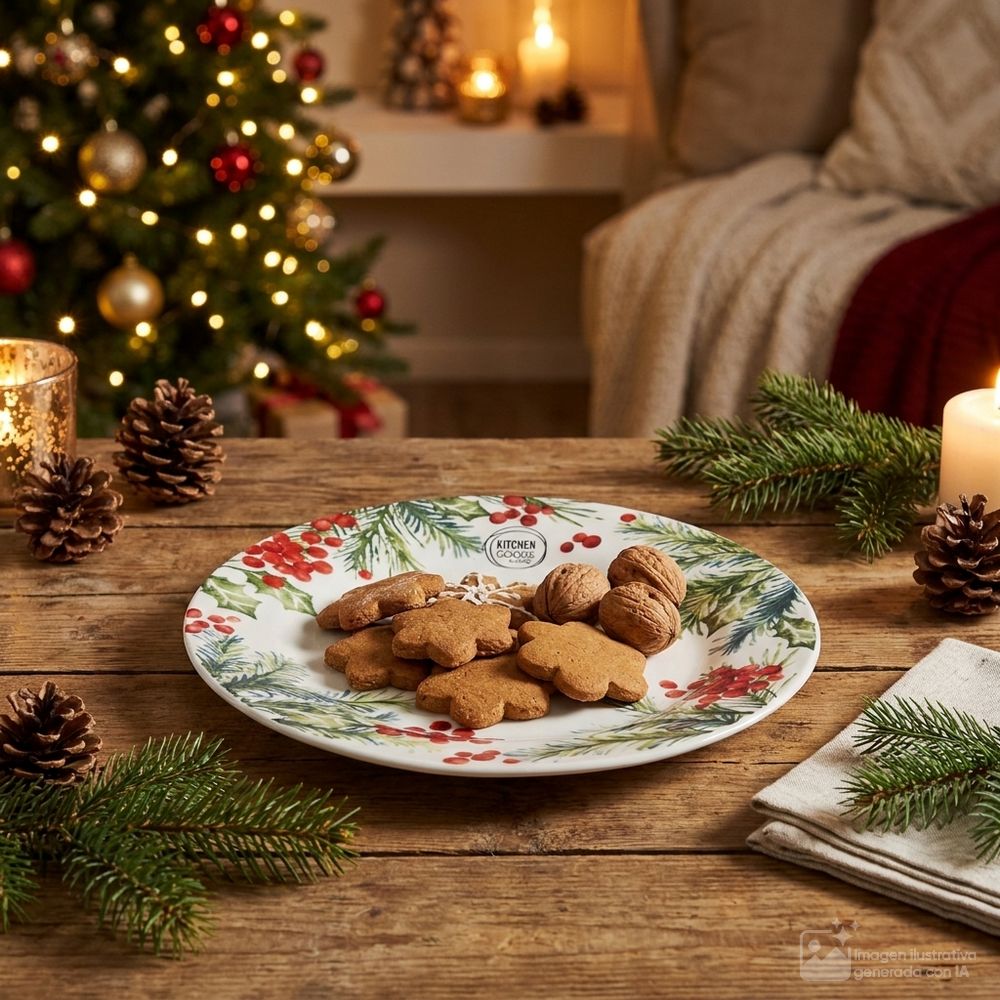 Plato llano navideño de porcelana redondo con diseño de hojas y bayas