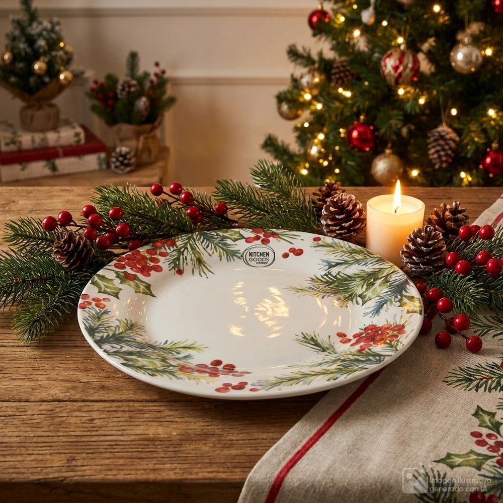 Plato navideño de porcelana redondo con diseño de hojas y bayas