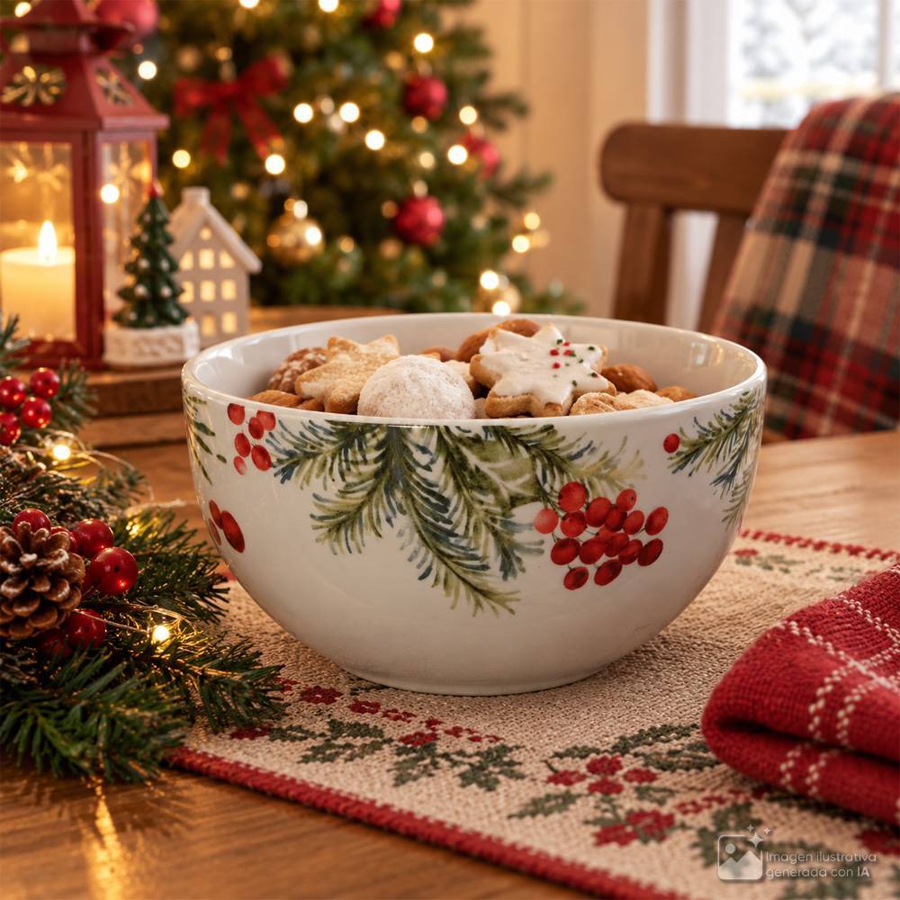Bowl navideño de porcelana redondo con diseño de hojas y bayas