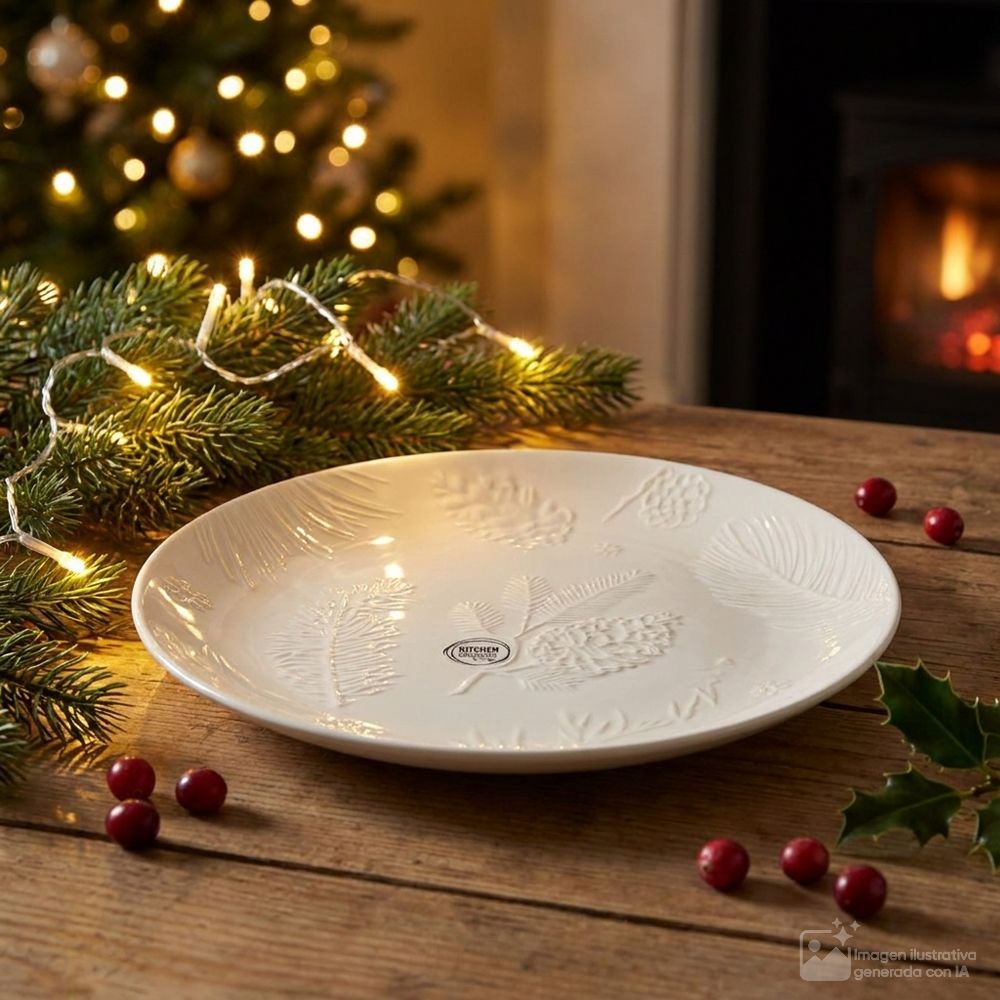 Plato llano navideño de porcelana redondo con relieve de piña y hojas