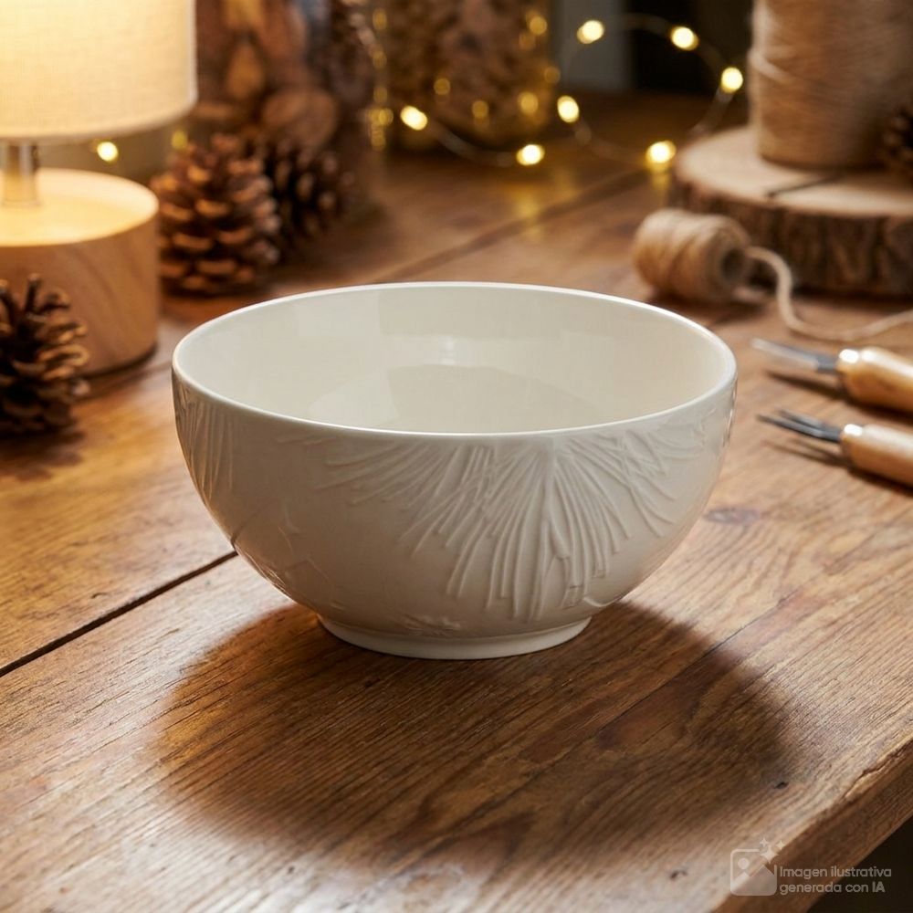 Bowl navideño de porcelana redondo con relieve de piña y hojas