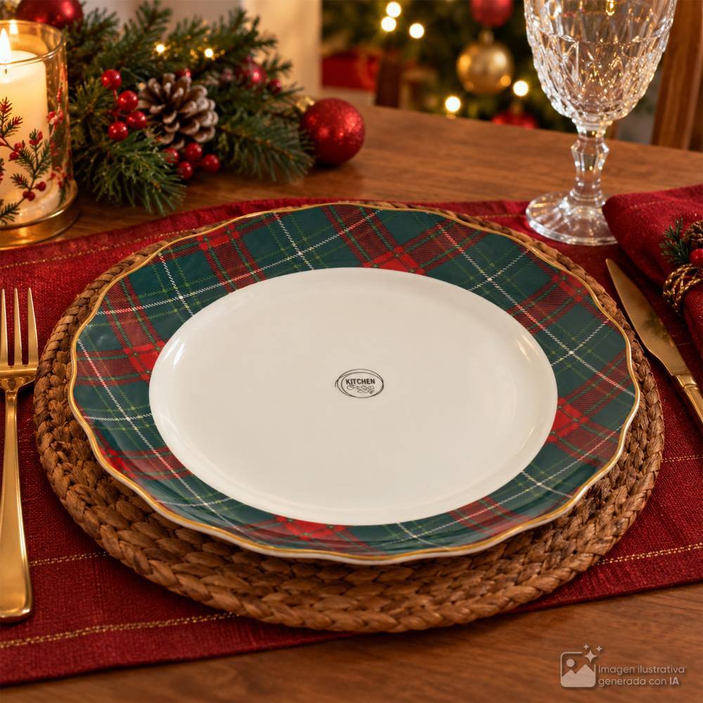 Plato llano navideño de porcelana redondo con borde ondulado y decoración