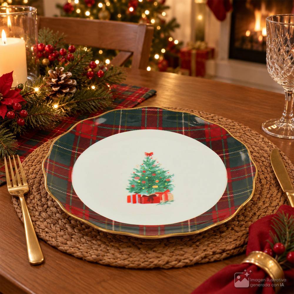 Plato navideño de porcelana redondo con borde ondulado y decoración