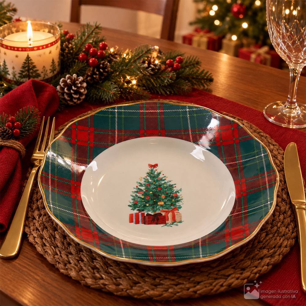 Bowl navideño de porcelana redondo con borde ondulado decorado