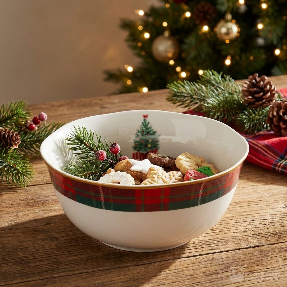 Bowl navideño de porcelana redondo con borde ondulado y decoración