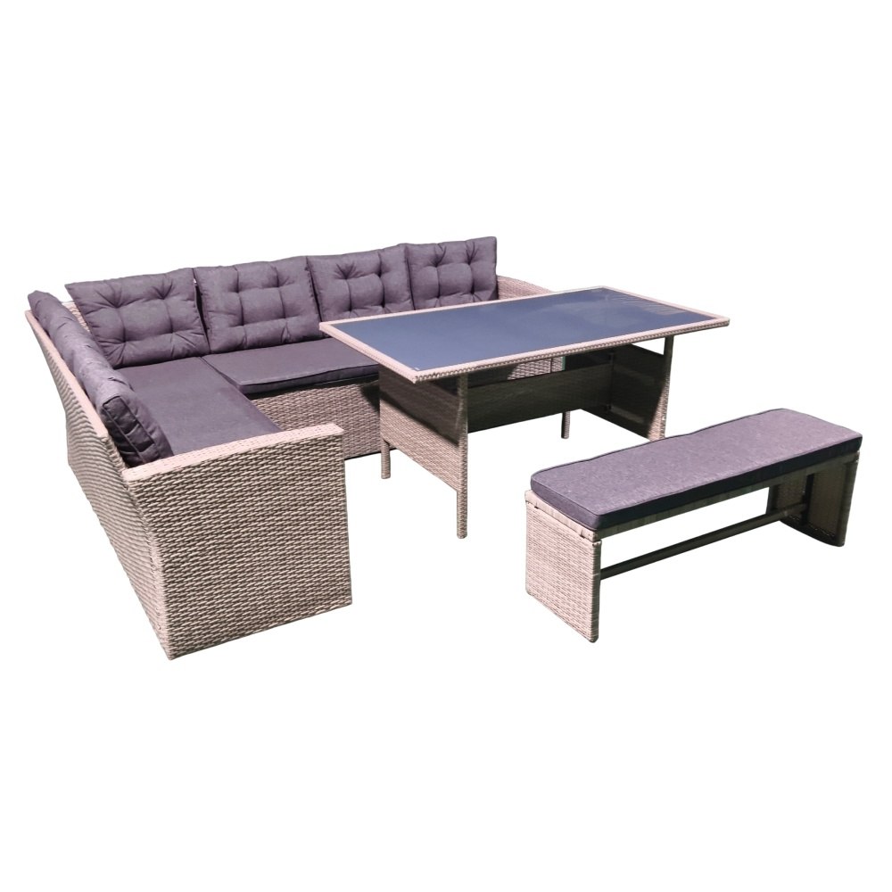 Juego de sala exterior con sofá, mesa y bancos gris oscuro – 4 piezas