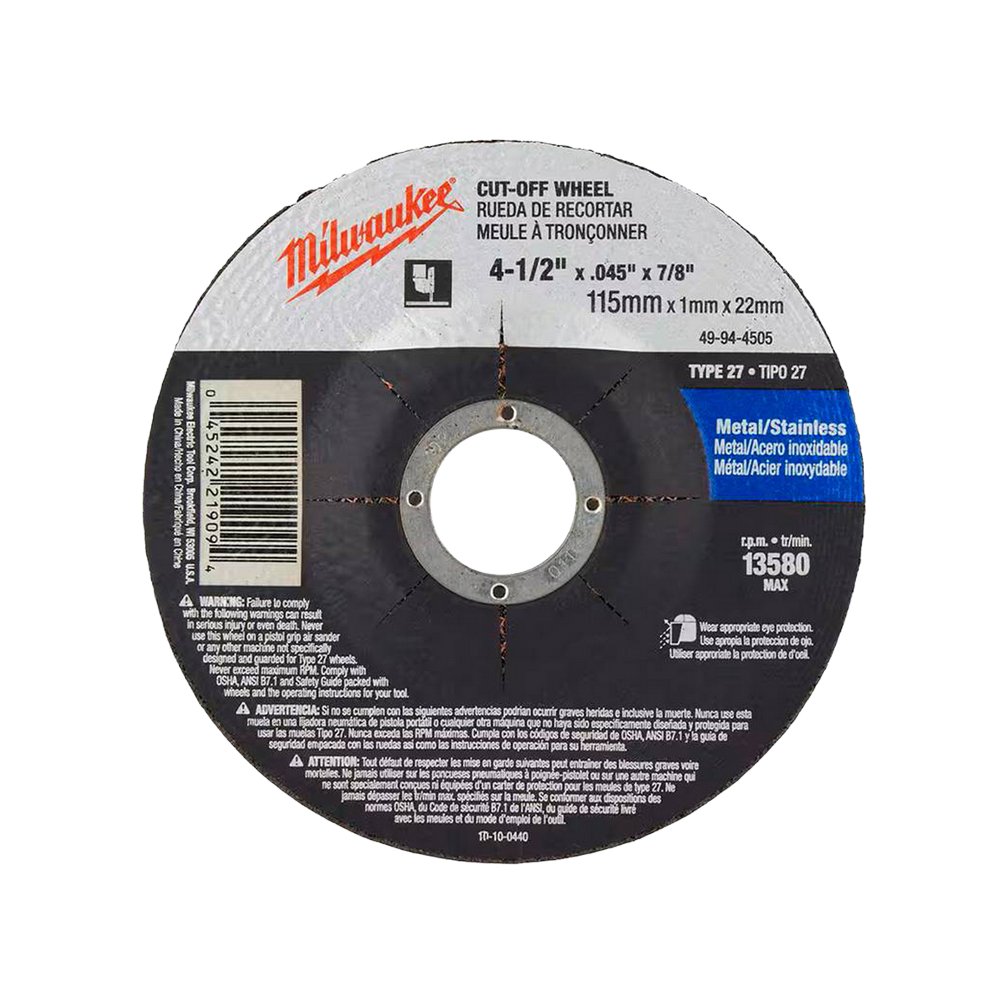 Disco de corte metal-acero inoxidable 4 ½ x 1-16 x 7-8 pulgadas
